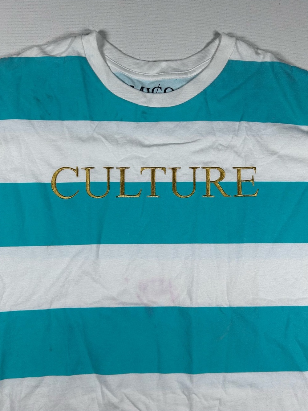 MIGOS - Culture Striped Shirt Mens Sz Fits XL Rap Tee (marks Noted) Teal & Gold